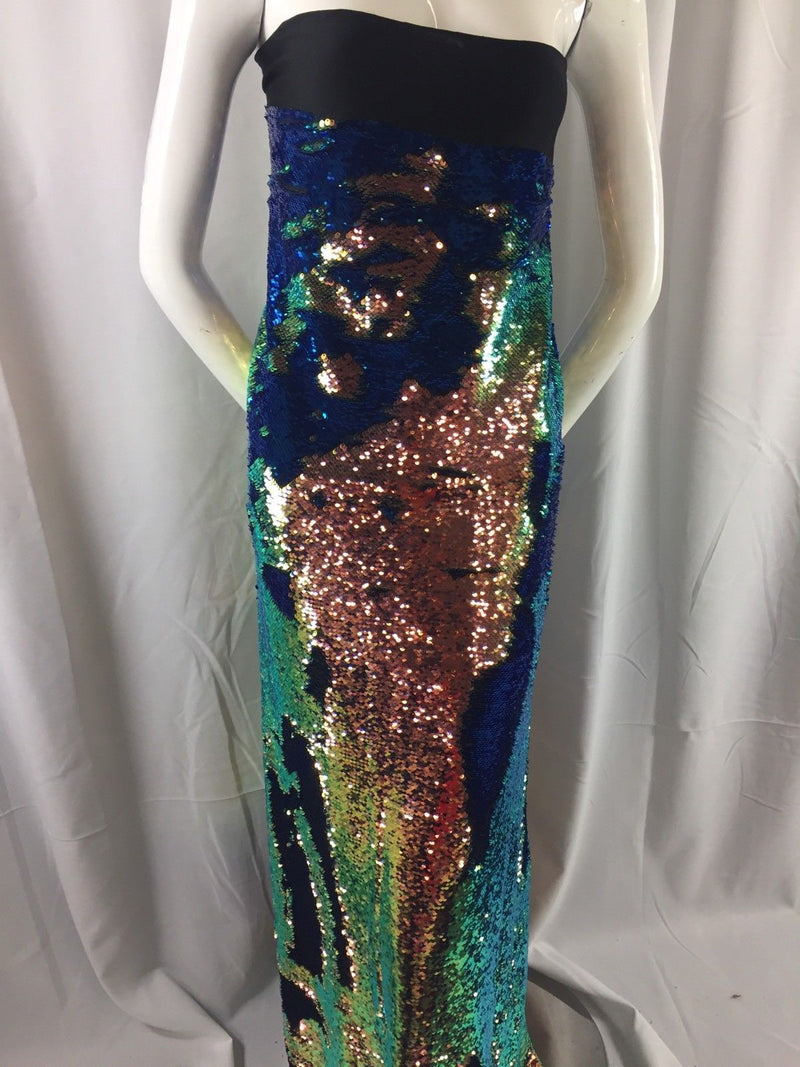Mermaid Sequins Fabric IRIDESCENT Reversible 2 Way Stretch Royal Shiny Flip Up Sequins By The Yard