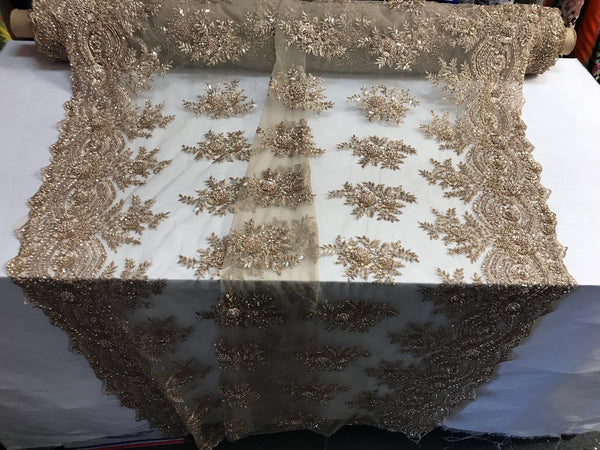 Beaded - Skin - Embroidered Floral Design Fancy Sequins Fabric with Beads Sold By The Yard