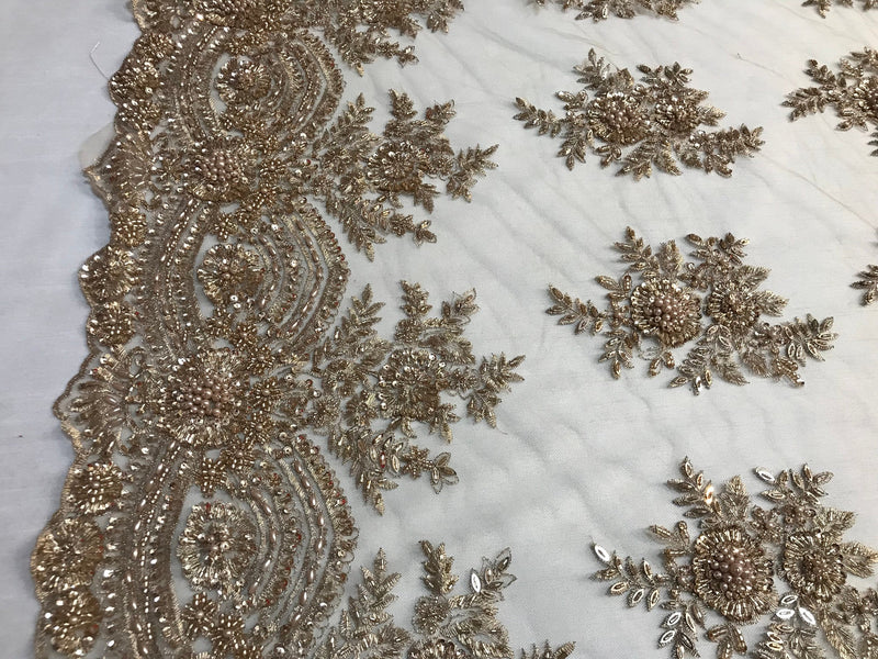 Beaded - Skin - Embroidered Floral Design Fancy Sequins Fabric with Beads Sold By The Yard