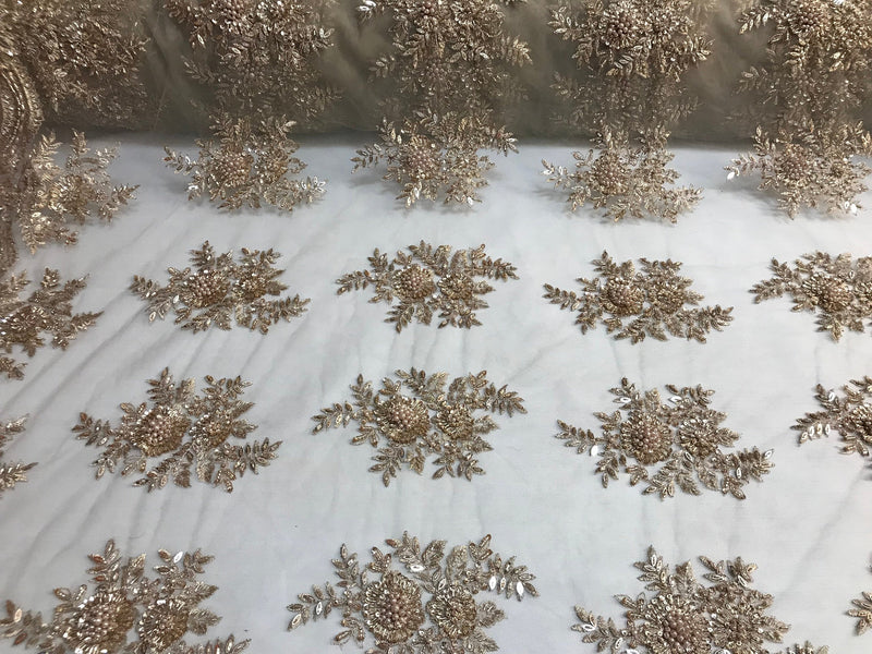 Beaded - Skin - Embroidered Floral Design Fancy Sequins Fabric with Beads Sold By The Yard