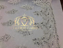 Lace Fabric - Silver  - Corded Flowers Embroidery With Sequins On Mesh Sold By The Yard