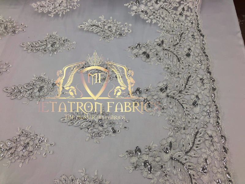 Lace Fabric - Silver  - Corded Flowers Embroidery With Sequins On Mesh Sold By The Yard