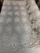 Beaded - White - Embroidered Floral Design Fancy Sequins Fabric with Beads Sold By The Yard