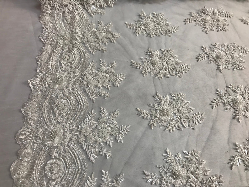 Beaded - White - Embroidered Floral Design Fancy Sequins Fabric with Beads Sold By The Yard