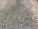Beaded - White - Embroidered Floral Design Fancy Sequins Fabric with Beads Sold By The Yard