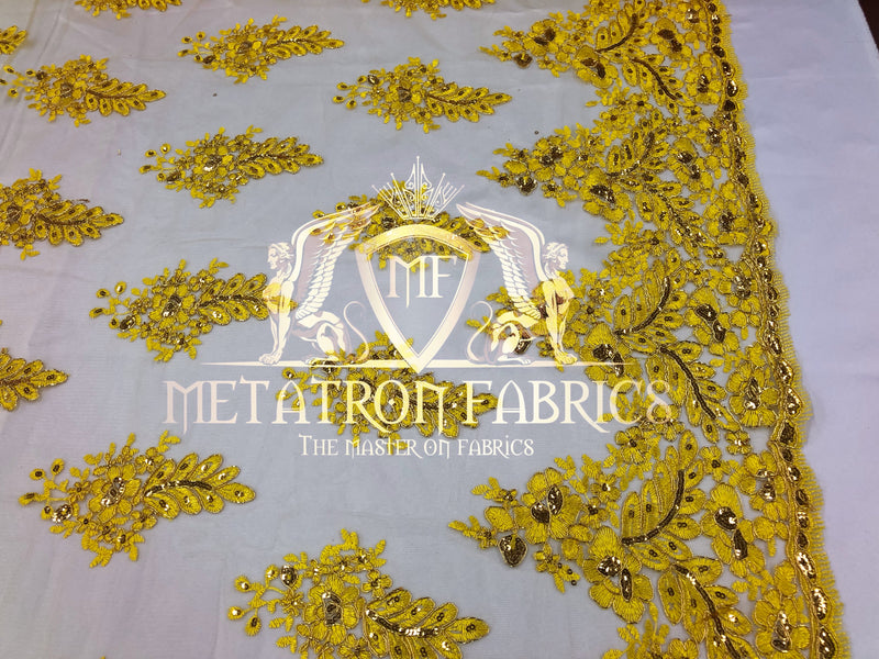 Lace Fabric - Gold / Yellow - Corded Flowers Embroidery With Sequins On Mesh Sold By The Yard