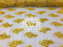 Lace Fabric - Gold / Yellow - Corded Flowers Embroidery With Sequins On Mesh Sold By The Yard