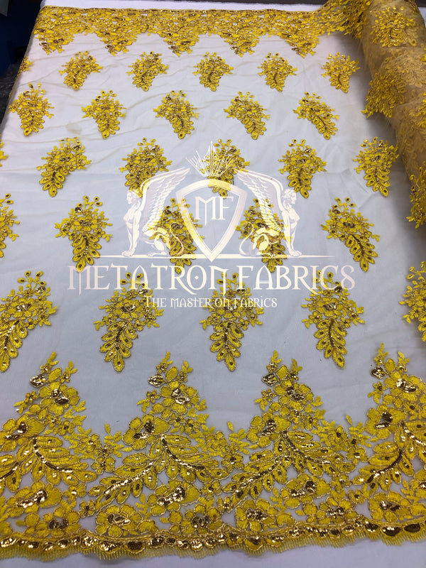 Lace Fabric - Gold / Yellow - Corded Flowers Embroidery With Sequins On Mesh Sold By The Yard