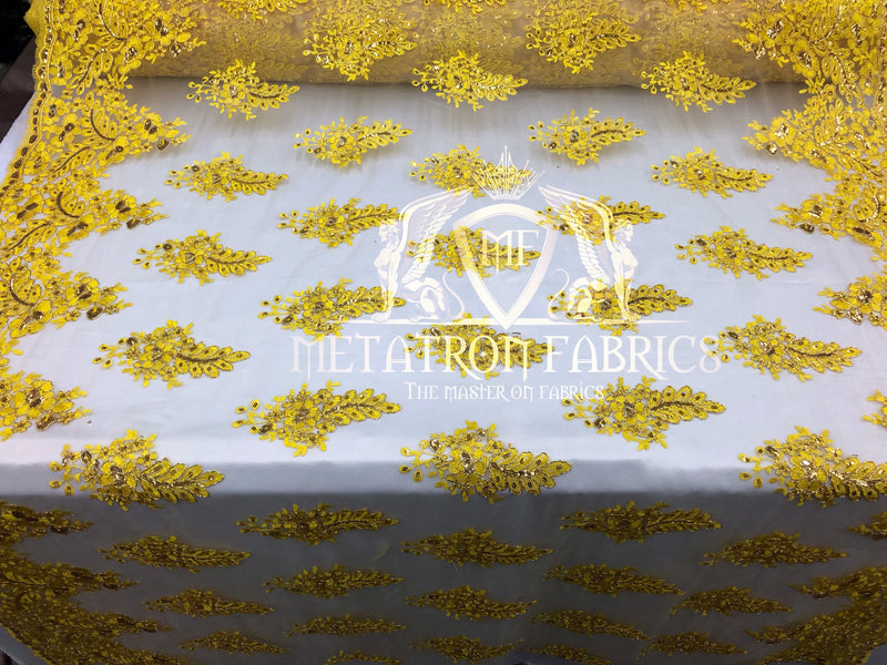 Lace Fabric - Gold / Yellow - Corded Flowers Embroidery With Sequins On Mesh Sold By The Yard