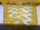 Lace Fabric - Gold / Yellow - Corded Flowers Embroidery With Sequins On Mesh Sold By The Yard